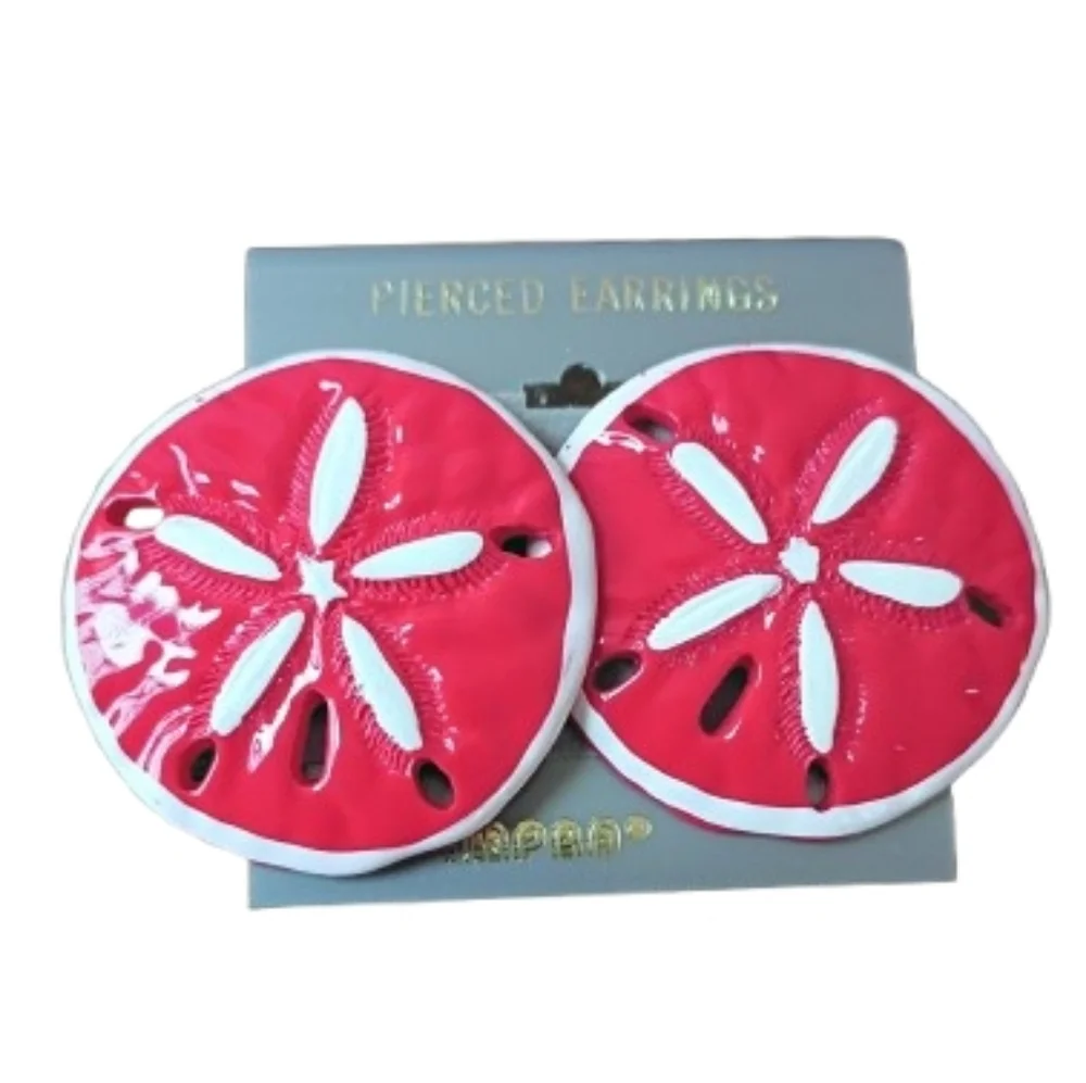 Bright Red Sand Dollar Round Drop Earrings Coastal Beach Summer Nautical - Picture 1 of 6